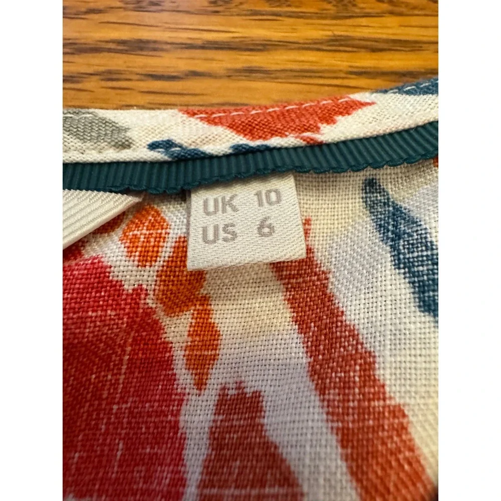 Boden Womens Red Blue Boho Ikat Linen V-Neck Puff Sleeve Blouse Top US 6 T0960